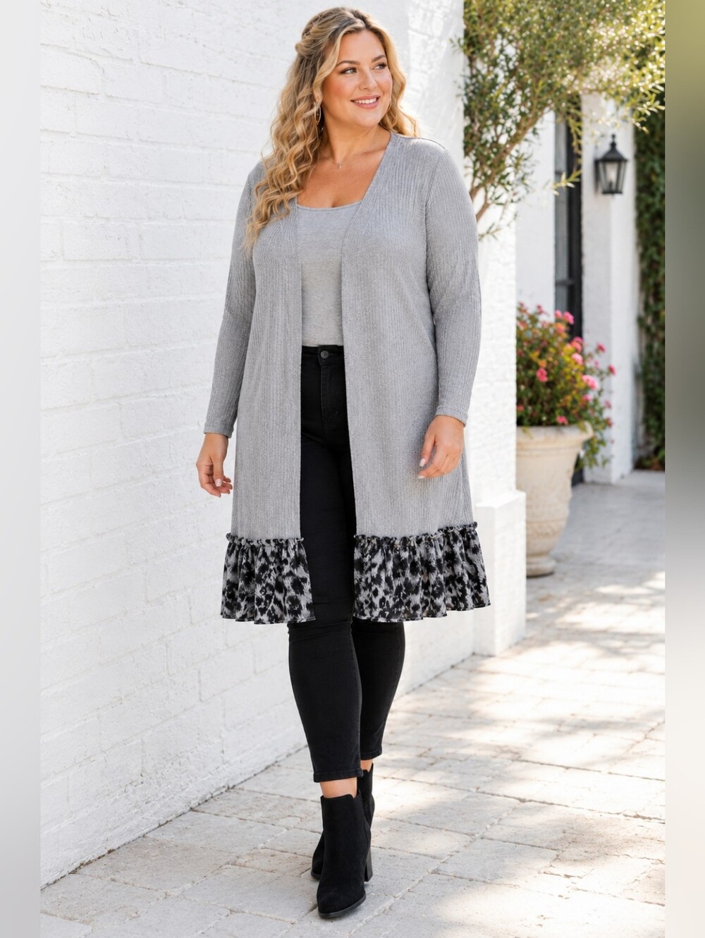 Vocal Gray Ribbed Open Front Duster Cardigan Animal Print Ruffle Hem 3XL Boho